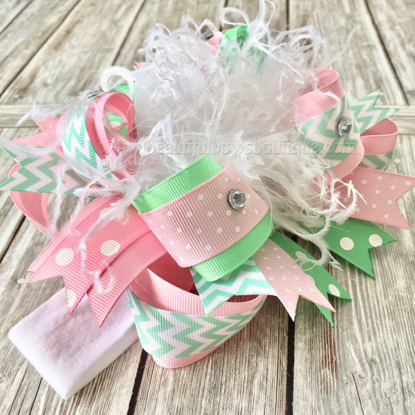 Pink and Mint Over the Top Hair Bow,Mint and Pink Bow Headband,Easter Bows