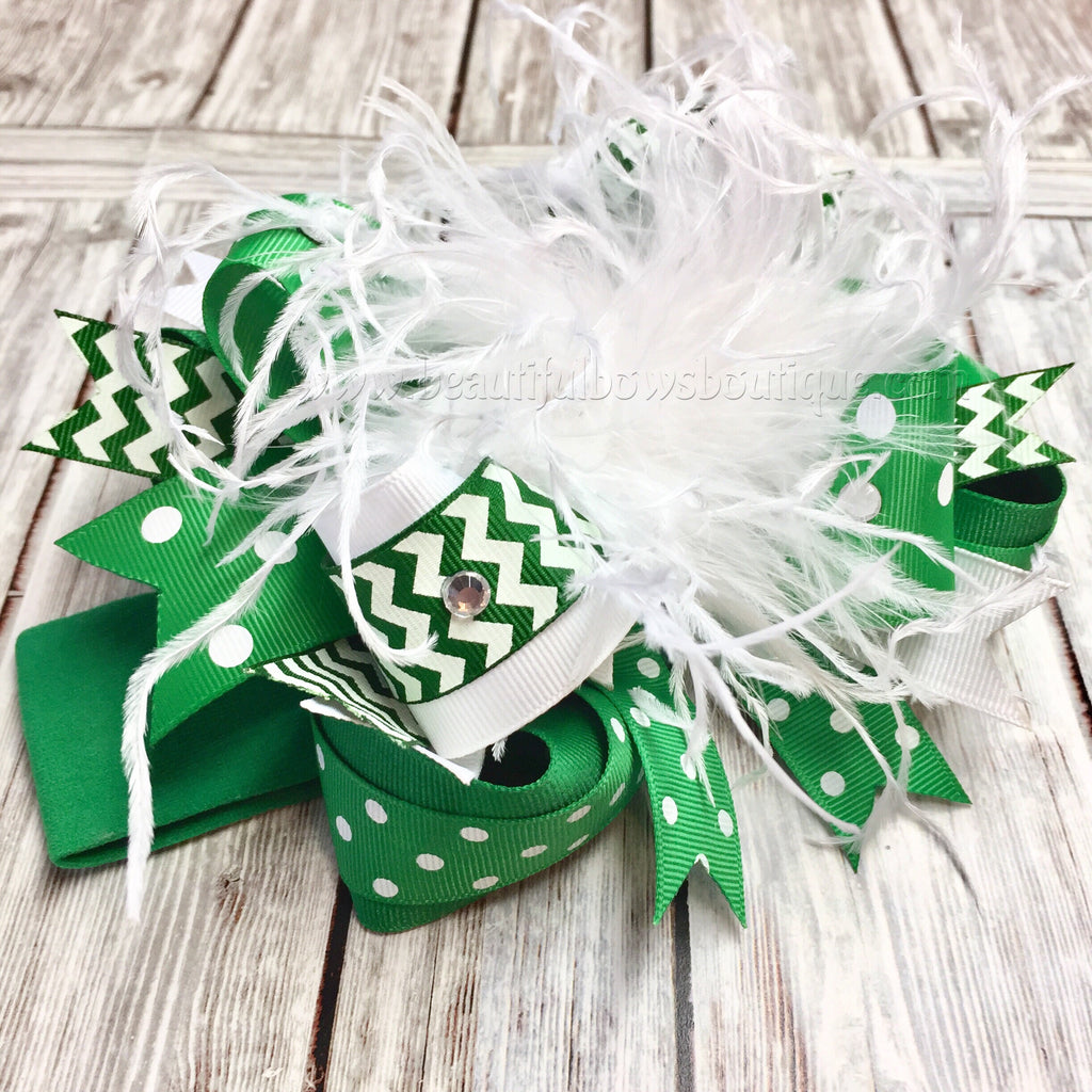 Green and White Over the Top Hair Bow,OTT Bows, Baby Headbands