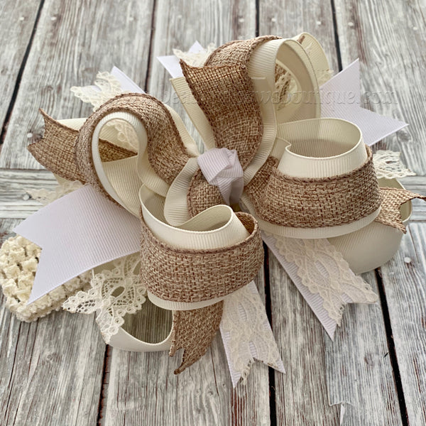 Over the Top Hair Bow Burlap Ivory White,Neutrals Over the Top Hairbow, OTT Headband