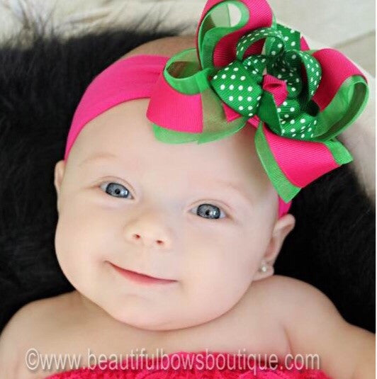 Dainty Shocking Pink and Green Swiss Dot Girls Hair Bow Clip or Headband