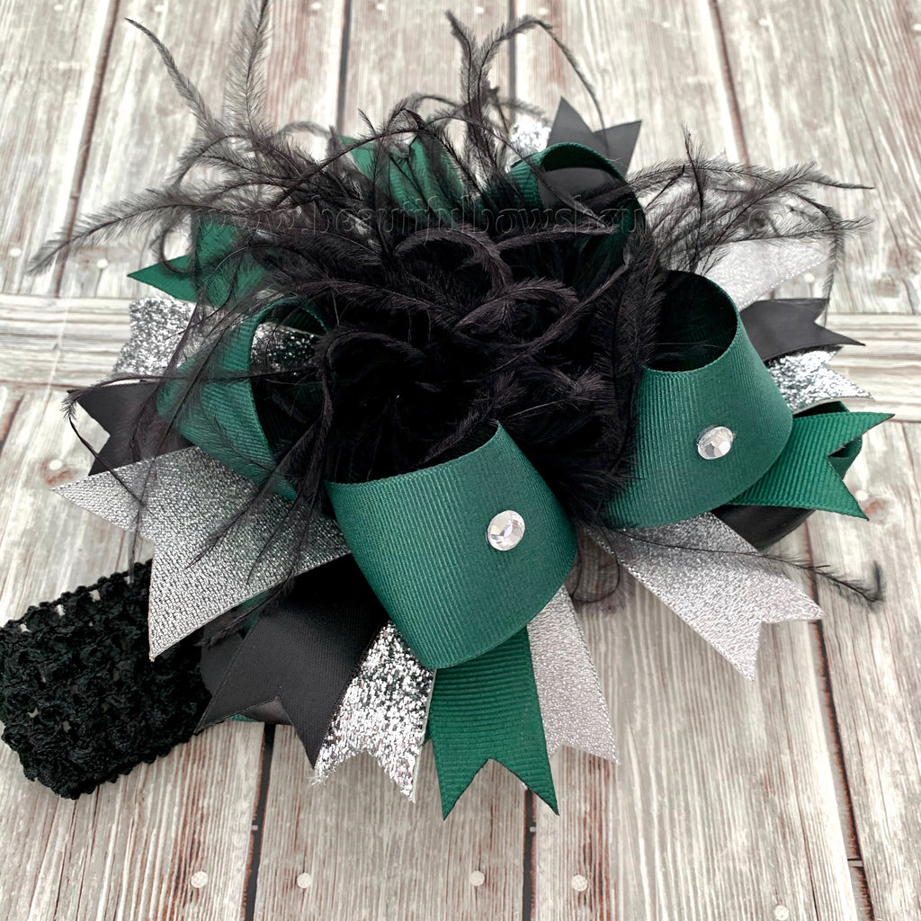 Over the Top Bows Silver Black Dark Green, Forest Green and Black Baby Headband