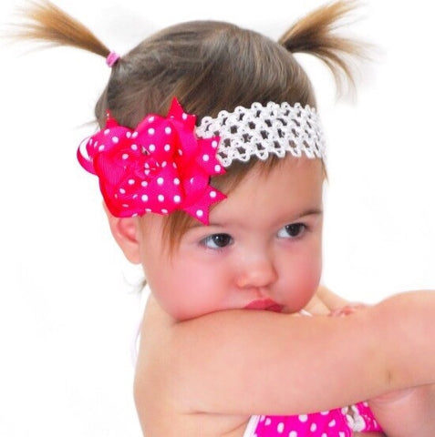 Dainty Shocking Pink Polka Layered Girls Hair Bow Clip or Headband