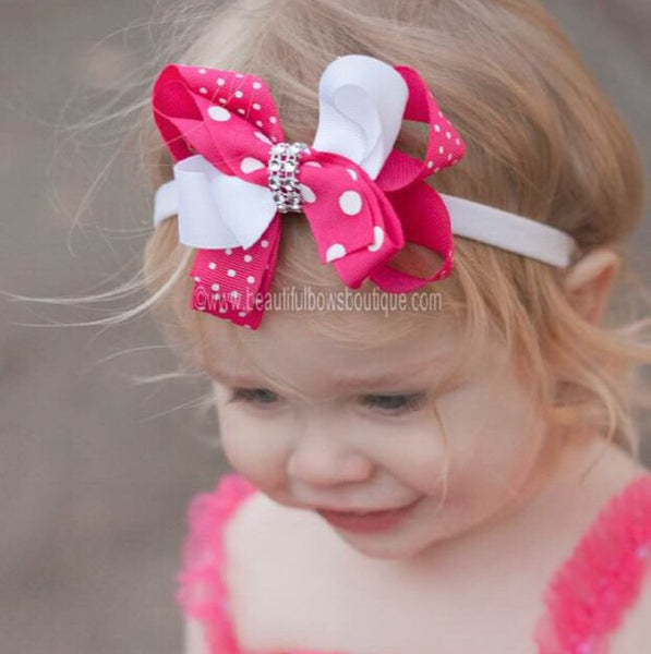 Dainty Shocking Pink and White Twist Girls Hair Bow Clip or Headband
