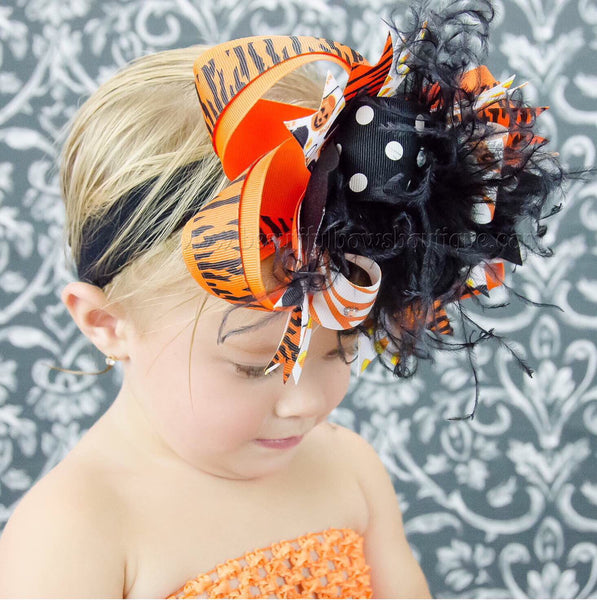 Big Party Over the Top Halloween Orange Black Hair Bow Clip or Headband