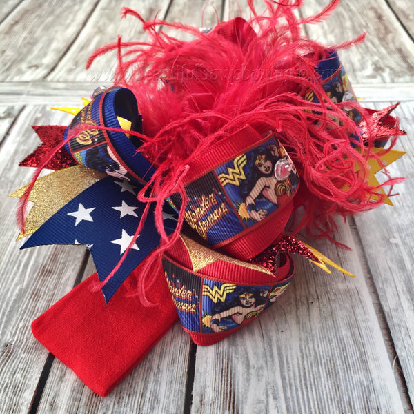 Wonder Woman Over the Top Hair Bow,Super Hero Stacked Hair Bow