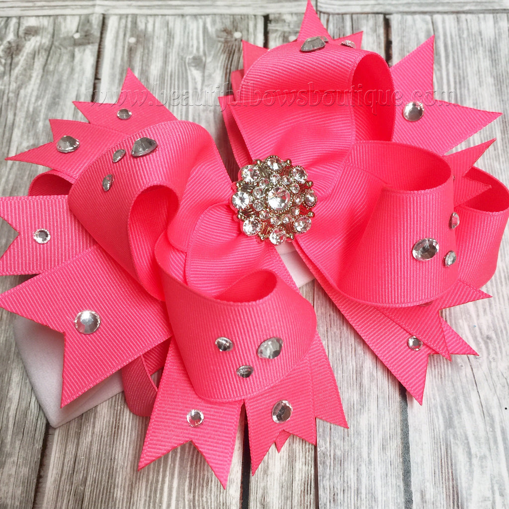 Bright Pink Pageant Baby Headband, Hot Pink Over the Top Hair Bow with Bling
