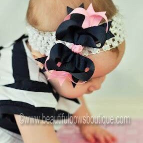 Dainty Navy & Pink Layered Girls Hair Bow Clip or Headband Set
