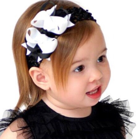 Dainty White and Black Layered Girls Hair Bow Clip or Headband Set