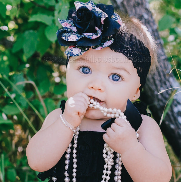 Black Baby Romper and Floral Headband,Vintage Black Lace Petti Romper