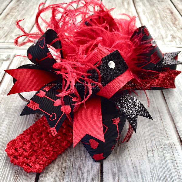 Red and Black Valentine's Day Hair Bow Over the Top,Valentine Hair Bows Red Black,Heart Arrow Valentine Hair Bow Headband for Girls and Baby