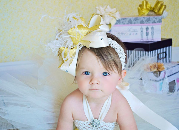 Ivory and Gold Hair Bow Over the Top, Gold and Ivory Baby Headband