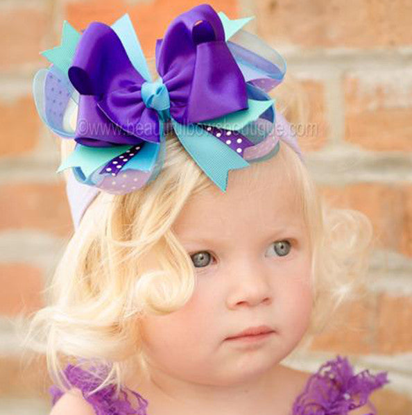 Jazzy Purple Peacock Girls Hair Bow Clip or Headband