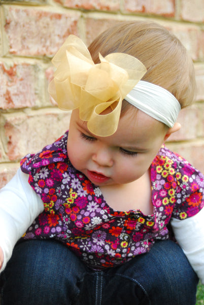 Gold Organza Hair Bow Headband, Sheer Gold Baby Headband Infant Toddler