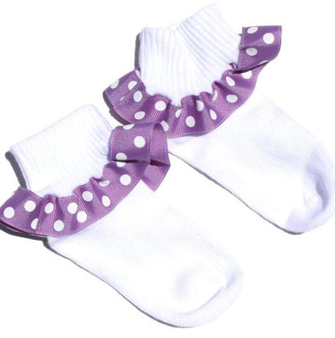 Lavendar and White Polka Dot Ribbon Ruffle Socks