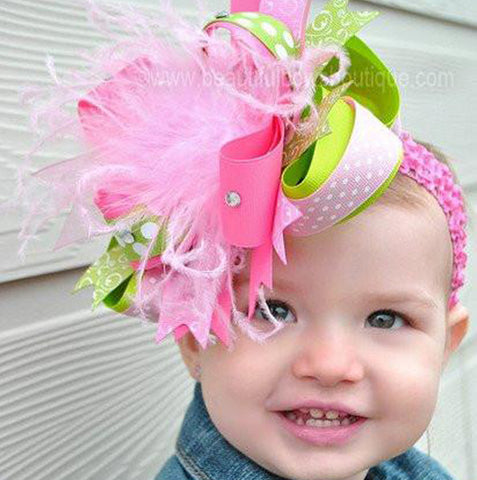 Spring Lime Green, Hot Pink, and Light Pink Over the Top Girls Hair Bow Clip or Headband