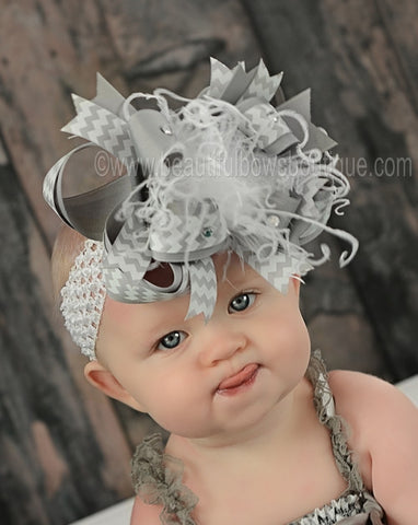 Big Boutique Light Grey and White Chevron Over the Top Hair Bow or Baby Headband