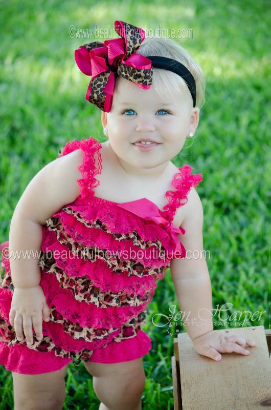 Leopard Hot Pink Petti Lace Romper for Newborns Baby Toddler