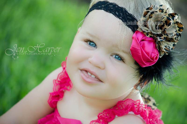 Hot Pink Leopard Shabby Flower Headband Cheetah Lace Feathers