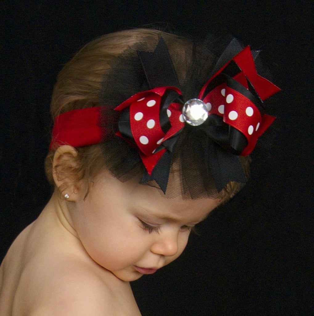 Red and Black Polka Dot Tulle Hair Bow