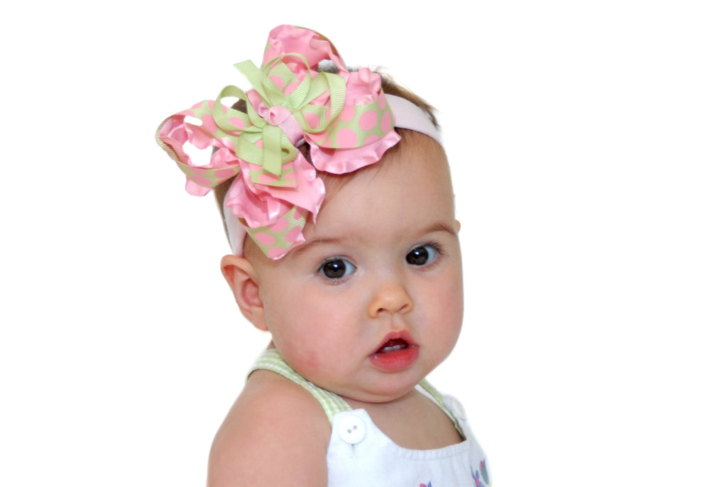 Pink and Mint Green Ruffle Girls Hair Clip or Baby Bow Headband