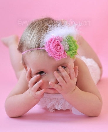 Hot Pink and Lime Green Shabby Flower Baby Headband, Fabric Flower Headband
