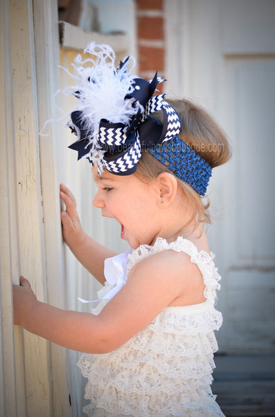 Chevron Navy Blue White Boutique Bow Headband, Navy and White Over the Top Bow