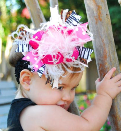 Safari Pink Zebra Leopard Girls Over the Top Hair Bow Clip or Headband, Infant, Toddler
