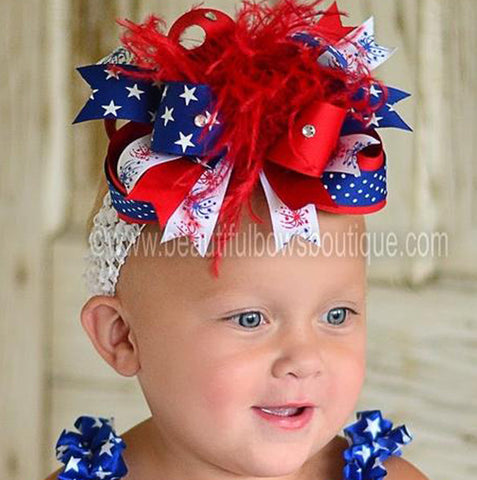 Holiday Over the Top Patriotic Fireworks Boutique Girls Hair Bow Clip or Headband