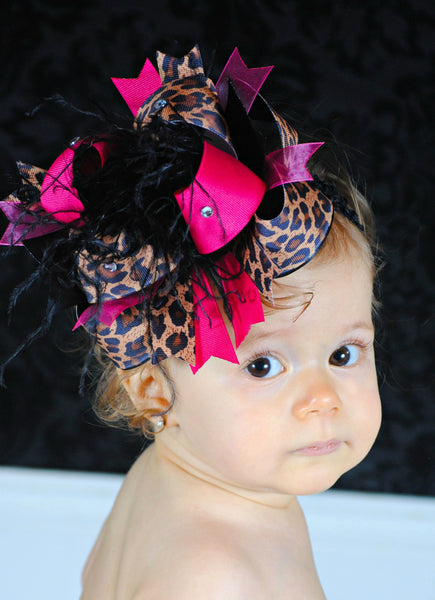 Big Over the Top Shocking Hot Pink Leopard Hair Bow Clip or Headband