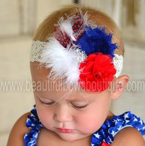 Patriotic Red White Blue Vintage Shabby Flower Girls Lace Headband