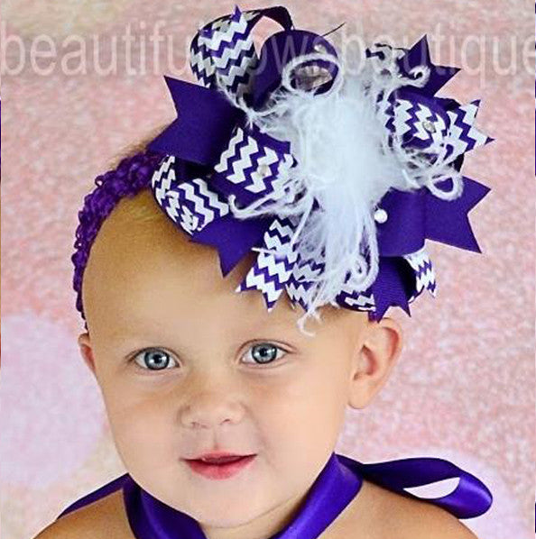 Purple and White Chevron Girls Over the Top Hair Bow Clip or Headband