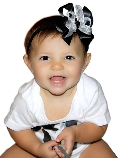 Silver and Black Satin Boutique Hair Bow Baby Infant Toddler Headband
