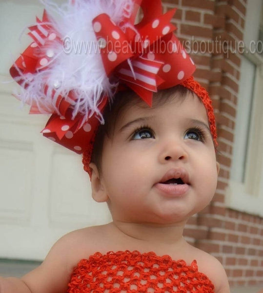 Red White Stripes Over the Top Hair Bow or Baby Headband