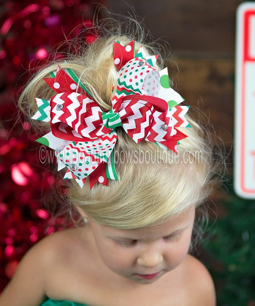 Big Spike Boutique Christmas Holiday Red Green Chevron Dot Hair Bow or Baby Headband