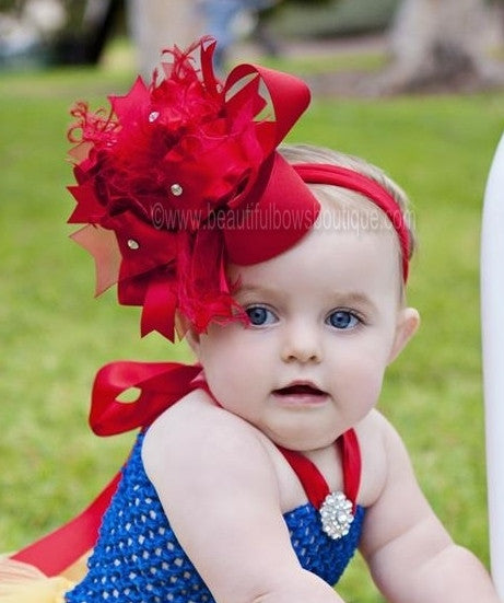 Big Solid Red Over The Top Girls Hair Bow Headband, Snow White Baby Girls Headband