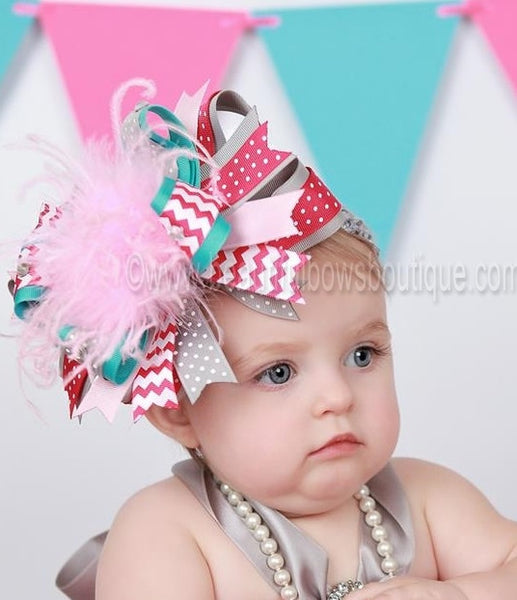 Big Turquoise Gray and Shocking Pink Chevron Over the Top Hair Bow Baby Girls Headband
