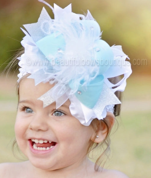 Big Frozen Inspired White Baby Blue and Silver Over The Top Girls Hair Bow Baby Headband