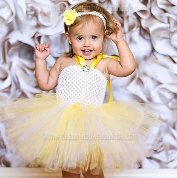 Fancy White and Yellow Baby Toddler Tutu Dress Set