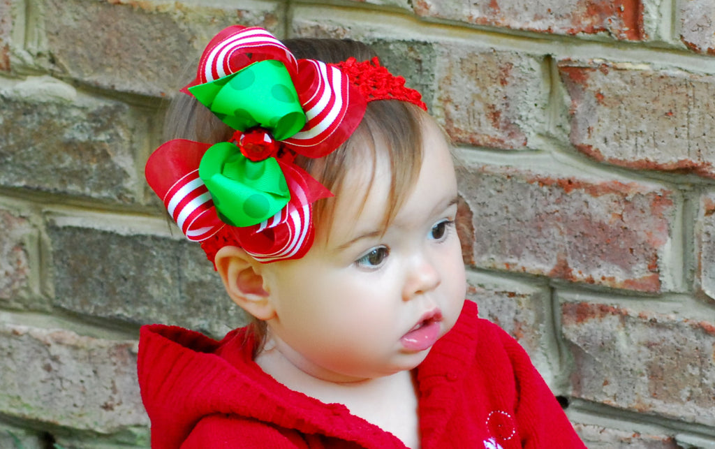Christmas Stripes Red Green Hair Bow Clip or Baby Bow Headband