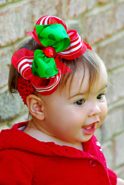 Christmas Stripes Red Green Hair Bow Clip or Baby Bow Headband