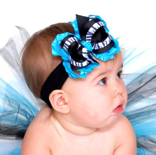 Dainty Turquoise Zebra Ruffle Girls Hair Bow Clip or Headband